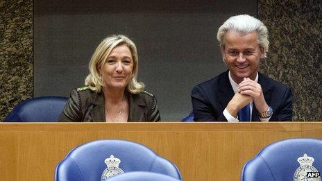 Eurosceptic Dutch politician Geert Wilders (right) and French National Front leader Marine Le Pen, 13 Nov 13