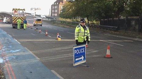 Police at the scene of the Bow roundabout fatal accident