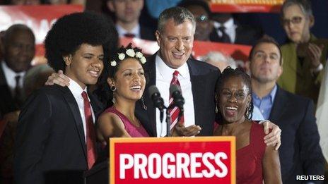 Newly elected New York City Mayor Bill de Blasio is seen with his wife Chirlane and children Chiara and Dante on 5 November 2013