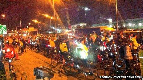 Cyclists gathered at Bow Roundabout for vigil