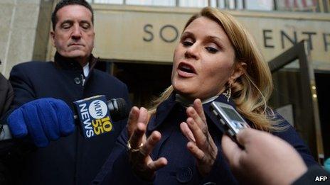 Canadian actress Genevieve Sabourin, accused of stalking actor Alec Baldwin, talks to the media outside Manhattan Criminal Court 12 November 2013