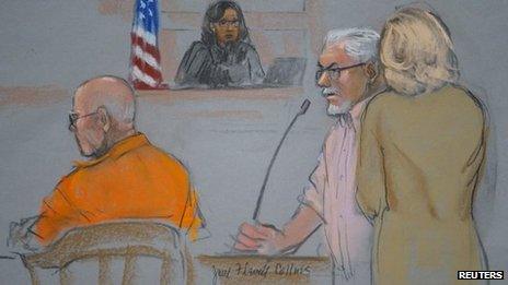 A courtroom artist's sketch shows Steve Davis (2nd R), brother of murder victim Debra Davis, speaking during the sentencing hearing for convicted mobster James "Whitey" Bulger (L), as judge Denise Casper (C) looks on in Boston, Massachusetts 13 November 2013