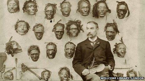 Major General Horatio Gordon Robley with his collection of Maori heads, 1895