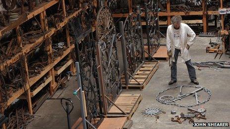 Bob Dylan at his iron works studio, September 2013