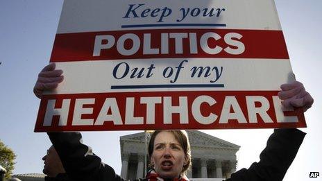 An opponent of Obamacare protests outside the Supreme Court on 27 March 2013