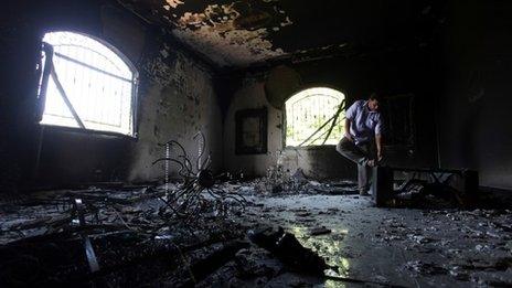 A Libyan man investigates the inside of the US Consulate after an attack that killed four Americans 13 September 2012