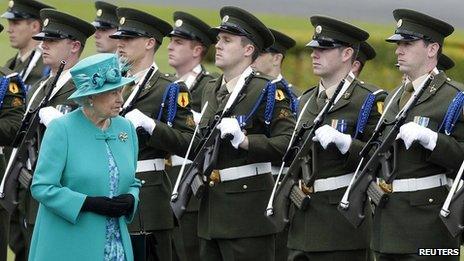 Queen Elizabeth inspects a Guard of Honour at the residence of the Irish President in Dublin.