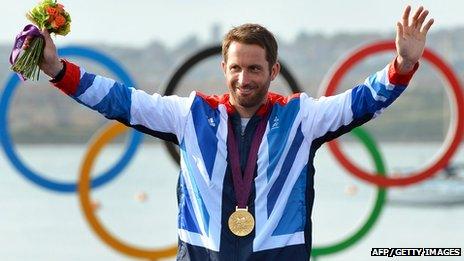 Ben Ainslie celebrates after winning gold in the Finn class sailing at the London 2012 Olympic Games