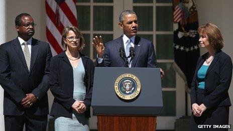 President Barack Obama (centre) appeared with Robert Wilkins (left), Nina Pillard (second from left) and Patricia Millet (right) at the White House on 4 June 2013