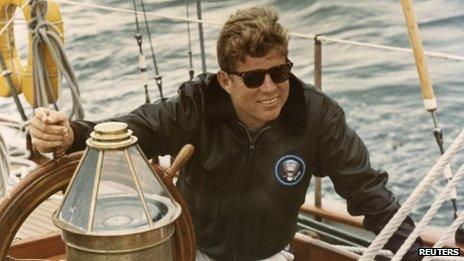 John F Kennedy on the US Coast Guard yacht Manitou off the coast of Maine on 12 August 1962