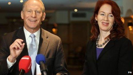 Dr Richard Haass, with Harvard professor Meghan O"Sullivan, speaking to the media at the Europa hotel in Belfast