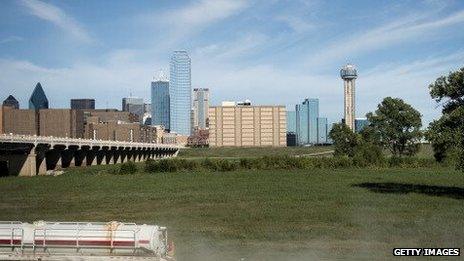 A view of the Dallas skyline from near Dealey Plaza.