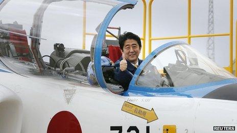 Shinzo Abe in a jet cockpit