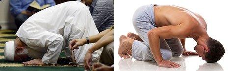 A Muslim man praying and a yoga pose