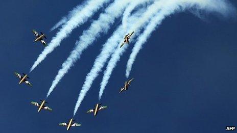 Al Fursan, the aerobatics demonstration team of the UAE Air Force perform during the Dubai Air show