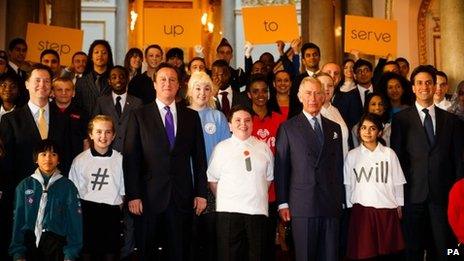 Nick Clegg, David Cameron, Prince Charles, Ed Miliband at the launch of Step Up 2 Serve