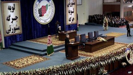 Hamid Karzai at Loya Jirga, 21 Nov