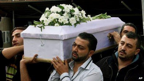 Men carry the coffin of one of four Syrian children who were killed Monday in Bab Sharqi neighbourhood, Damascus, Syria (12 Nov. 2013)