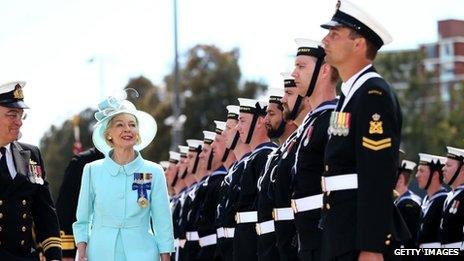 Governor-General Quentin Bryce is greeted by the Royal Australian Navy at Garden Island (October 2013)