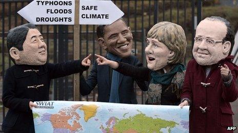 Activists wearing masks featuring French President Francois Hollande, German Chancellor Angela Merkel, US President Barack Obama and Japanese Prime Minister Shinzo Abe discuss which climate option to take.