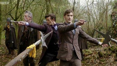 John Hurt, Matt Smith and David Tennant in a scene from Dr Who, The Day of the Doctor