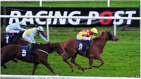 Racing Post racecourse board and horses