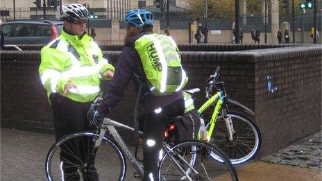 Met officer talks to cyclist at spot checks in Vauxhall last Monday