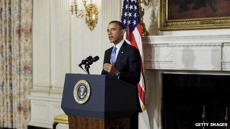 U.S. President Barack Obama makes a statement announcing an interim agreement on Iranian nuclear power in the State Dining Room at the White House on 23 November 2013 in Washington, DC