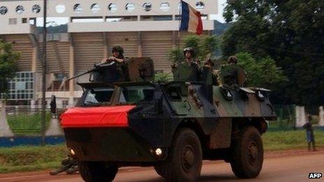 French troops patrol a street in Bangui. Photo: October 2013