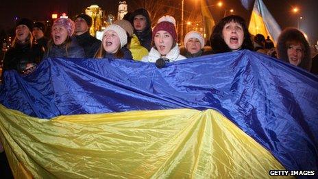 Protesters shout slogans during an opposition rally in the industrial city of Donetsk