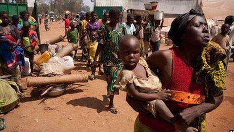 People arriving at a camp near the cathedral in Bossangoa, Central African Republic