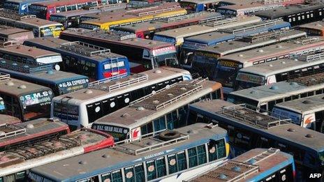 Buses parked at an inter-district bus terminal during a blockade organised by Bangladesh Nationalist Party (BNP) activists and its Islamist allies in Dhaka on 26 November 2013.