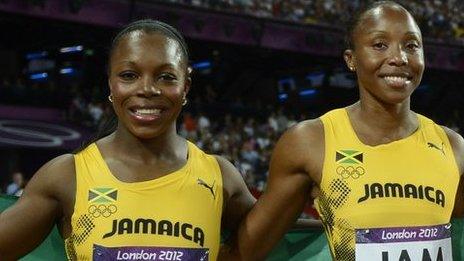 Veronica Campbell-Brown and Sherone Simpson of Jamaica