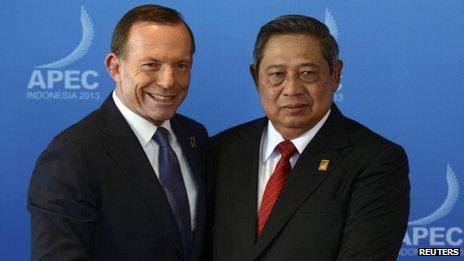 Australia's Prime Minister Tony Abbott and Indonesia's President Susilo Bambang Yudhoyono on October 7, 2013