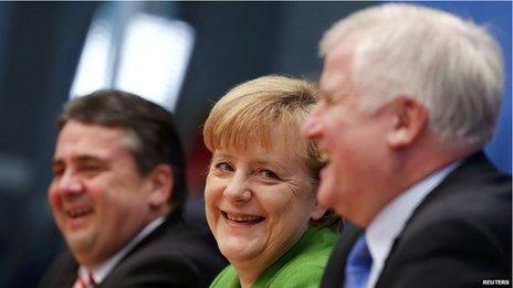 Party leaders Chancellor Angela Merkel (C) of the Christian Democratic Union (CDU), Horst Seehofer (R) of the Christian Social Union (CSU) and Sigmar Gabriel of the Social Democratic Party (SPD) attend a news conference after signing a preliminary coalition agreement on 27 November 2013