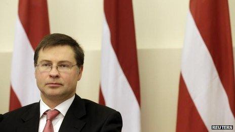 Prime Minister Valdis Dombrovskis of Latvia at a news conference (image from 8 November)