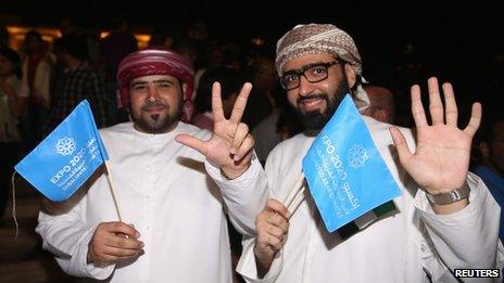 People celebrate after Dubai won the right to host the 2020 World Expo, in Dubai November 27, 2013