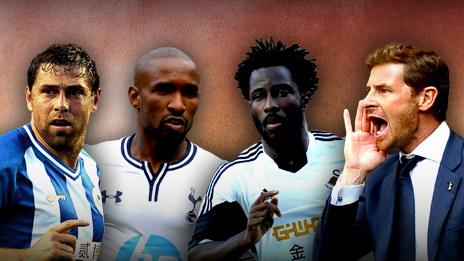 Wigan's Grant Holt, Tottenham's Jermain Defoe, Swansea's Wilfried Bony and Tottenham's Andre Villas-Boas