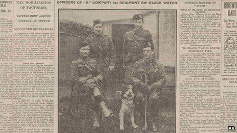 Sitting: Capt J Hally and Capt W Alexander. Standing: Lt R P Haldane and Lt J N Wilson with the regimental mascot Dash. Page from the Dundee Courier dated Thursday March 25, 1915