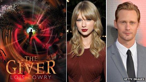 The Giver book cover, Taylor Swift and Alexander Skarsgard