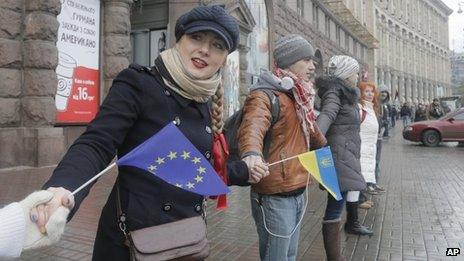 People form a human chain in protest against the failure to sign an association agreement with the EU in Kiev (29 November 2013)