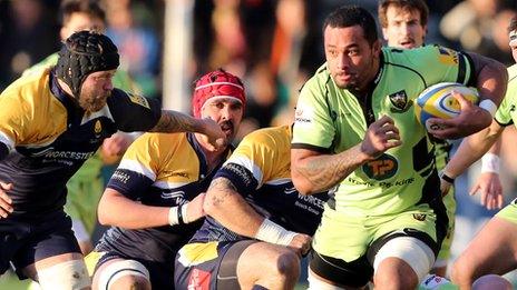 Northampton Saints' Samu Manoa bursts through against Worcester Warriors