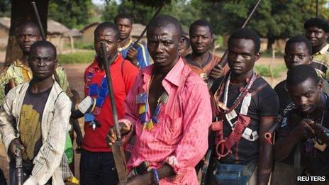 Militia fighters known as anti-balaka pose for a photograph in Mbakate village, Central African Republic November 25, 2013. The group say they are protecting their village from Seleka fighters.