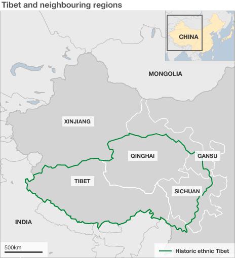 Map showing historic ethnic Tibet and present-day Chinese provinces