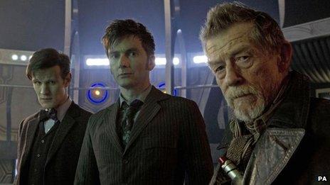 The Doctors Matt Smith (left), David Tennant (centre) and John Hurt (right)) during the 50th anniversary episode of Doctor Who - Day of the Doctor