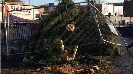 The Christmas tree in Ballyclare, County Antrim was blown over by the strong winds