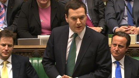 George Osborne at the despatch box flanked by David Cameron and Nick Clegg