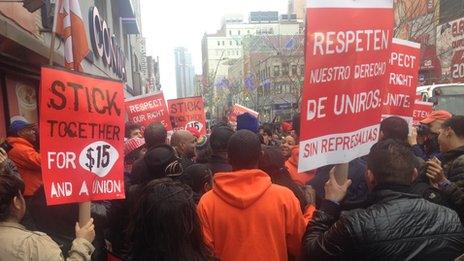 Protesters in Brooklyn, NY gathered for a midday strike outside a Wendy's restaurant