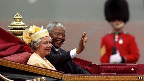 The Queen and Nelson Mandela during his 1996 state visit to the UK