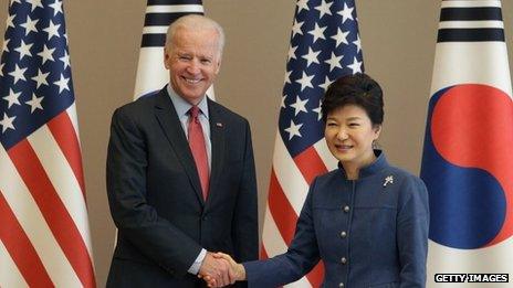 US Vice President Joe Biden (L) shakes hands with South Korean President Park Geun-Hye (R) during their meeting in Seoul on 6 December 2013